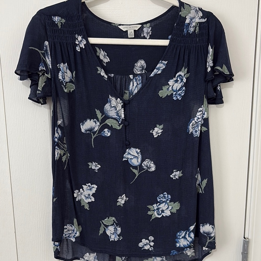 Lucky Brand Blue Flutter Sleeve Ruffled Blouse